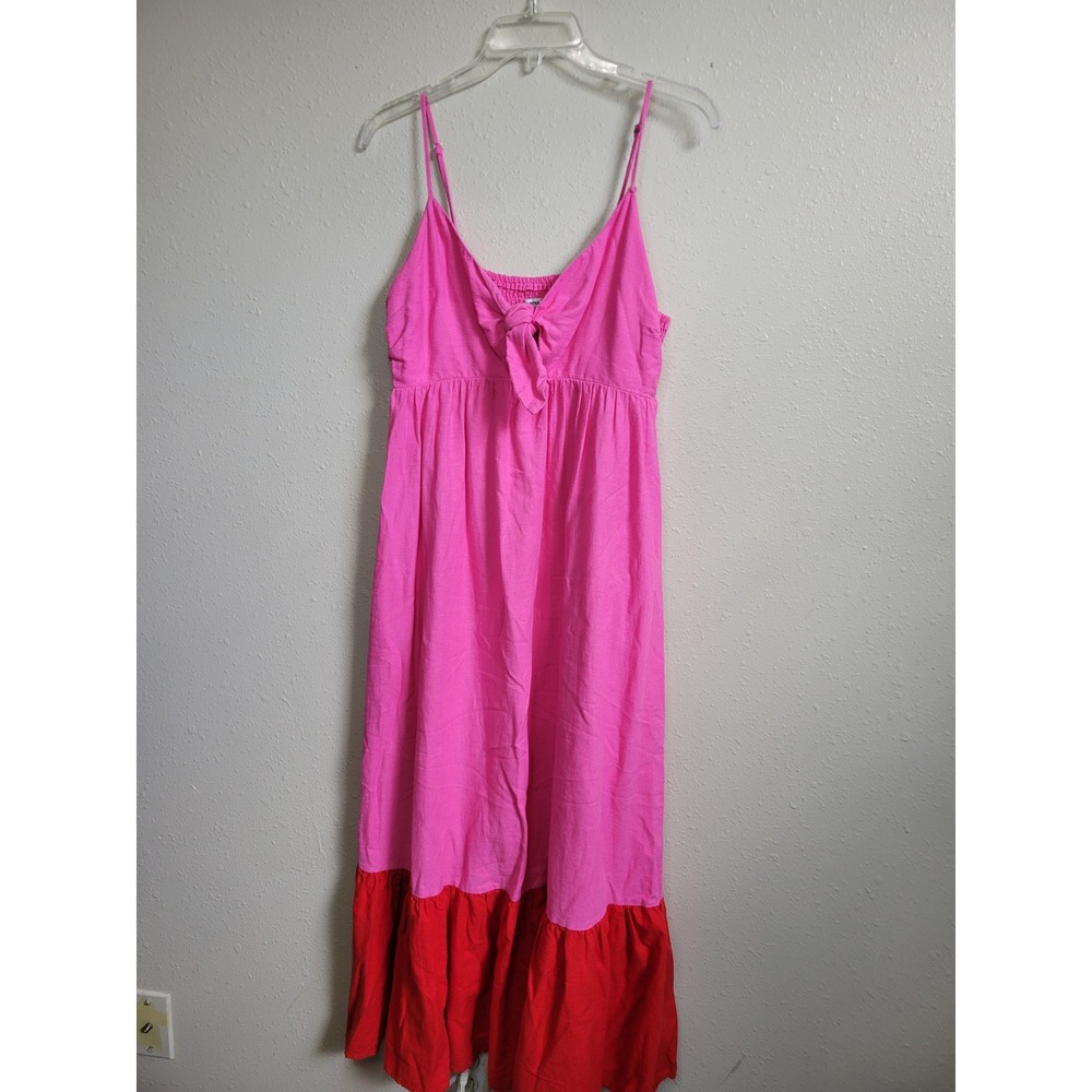 Tabitha Brown Pink Red Colorblock Linen Blend Tie Front Maxi Dress Medium